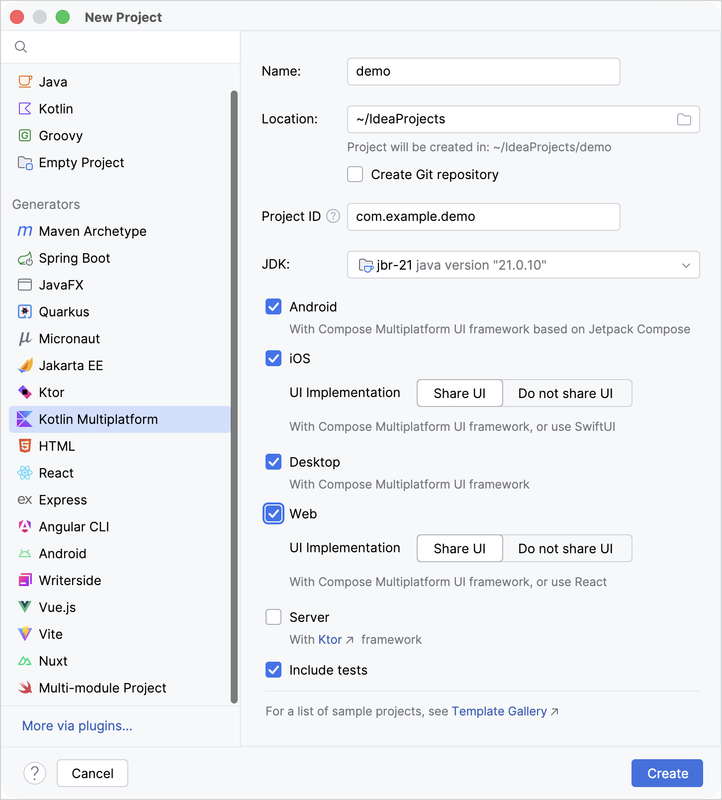 IntelliJ IDEA 向导,采用默认设置并选择了 Android、iOS、桌面和 Web 平台