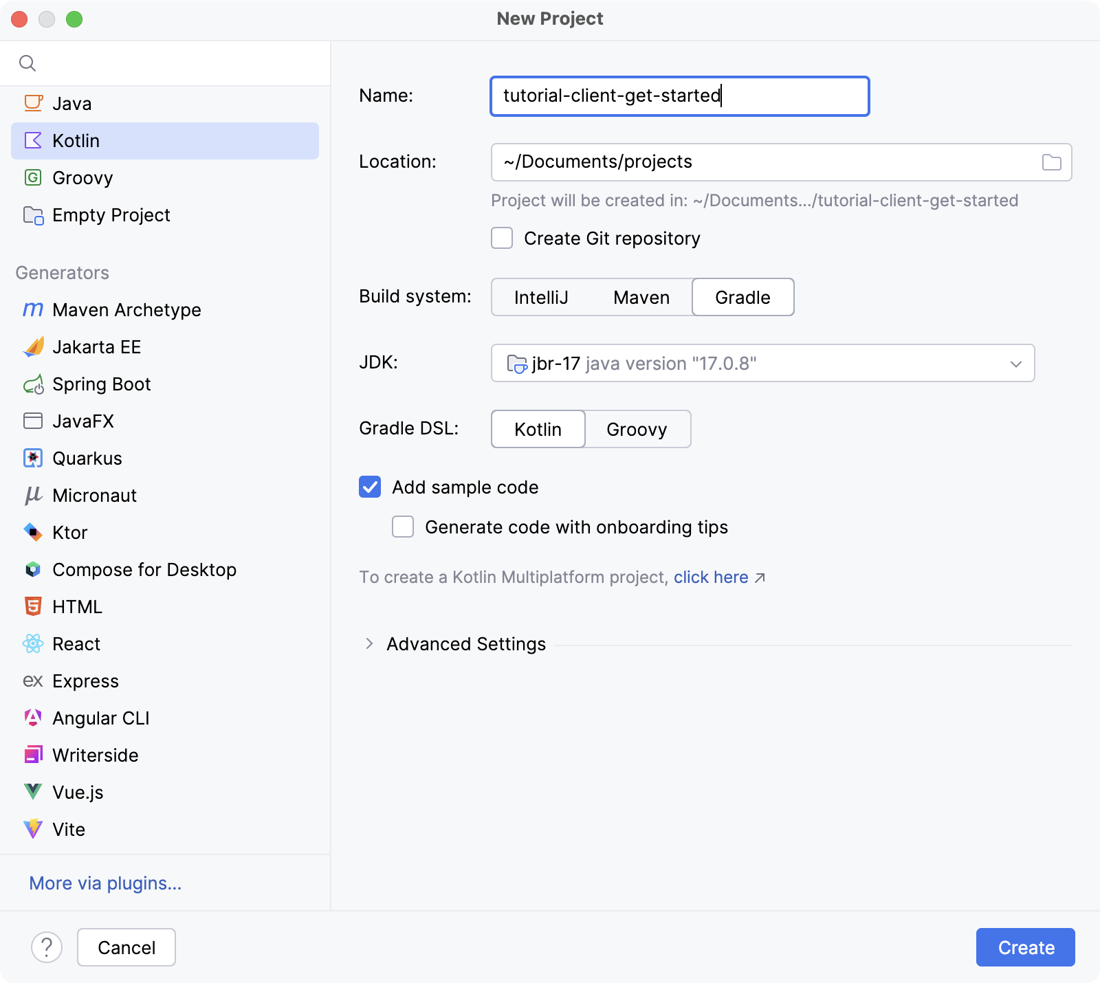 IntelliJ IDEA 中的新 Kotlin 项目窗口