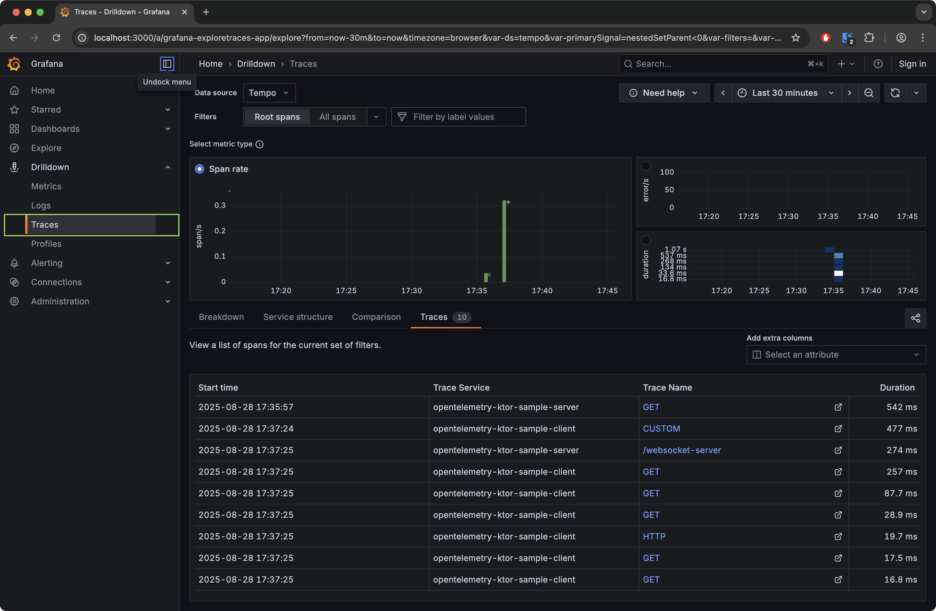 Grafana UI Drilldown 跟踪视图