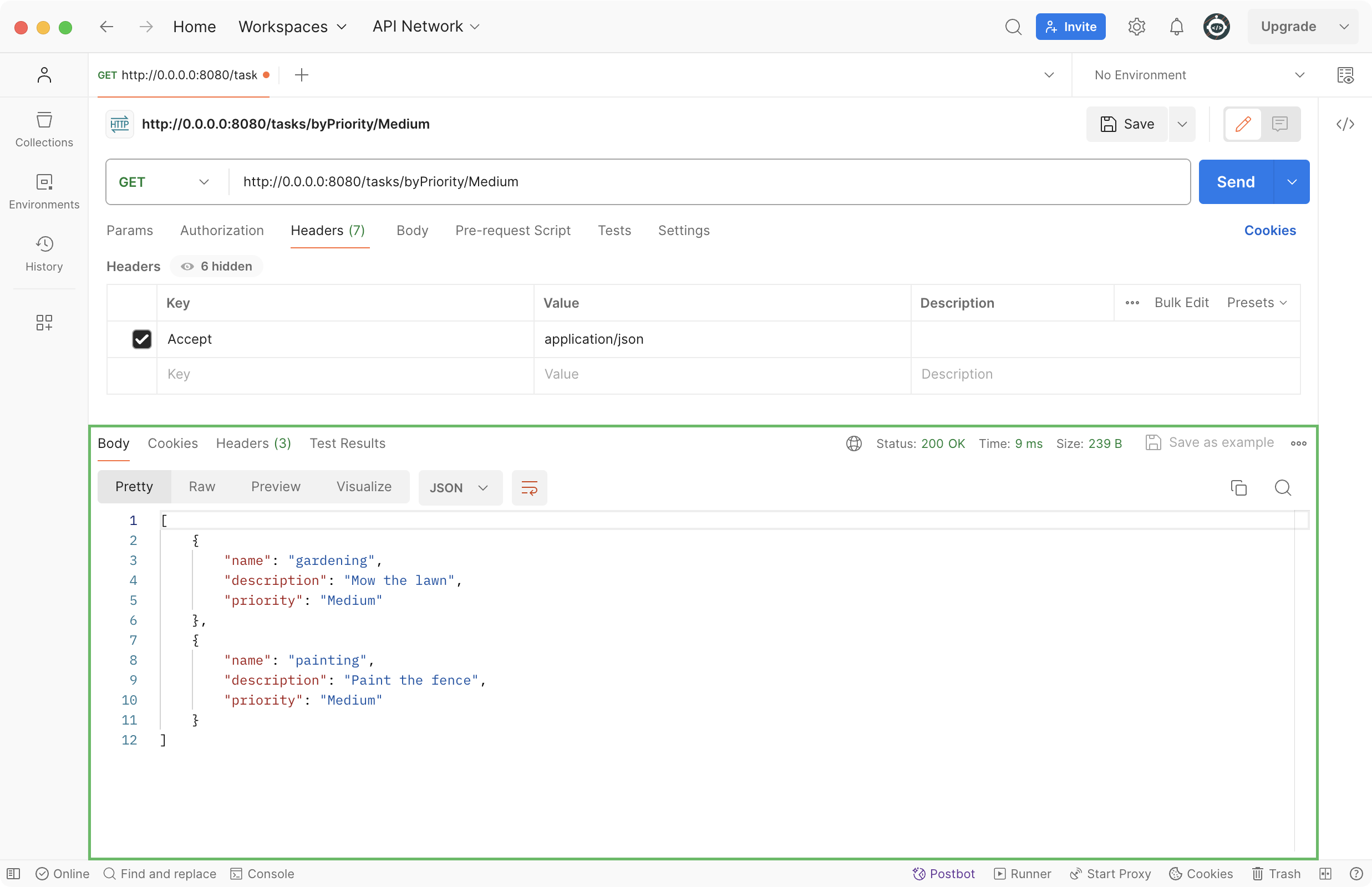 Postman 中的 GET 请求显示 JSON 格式的中等优先级任务