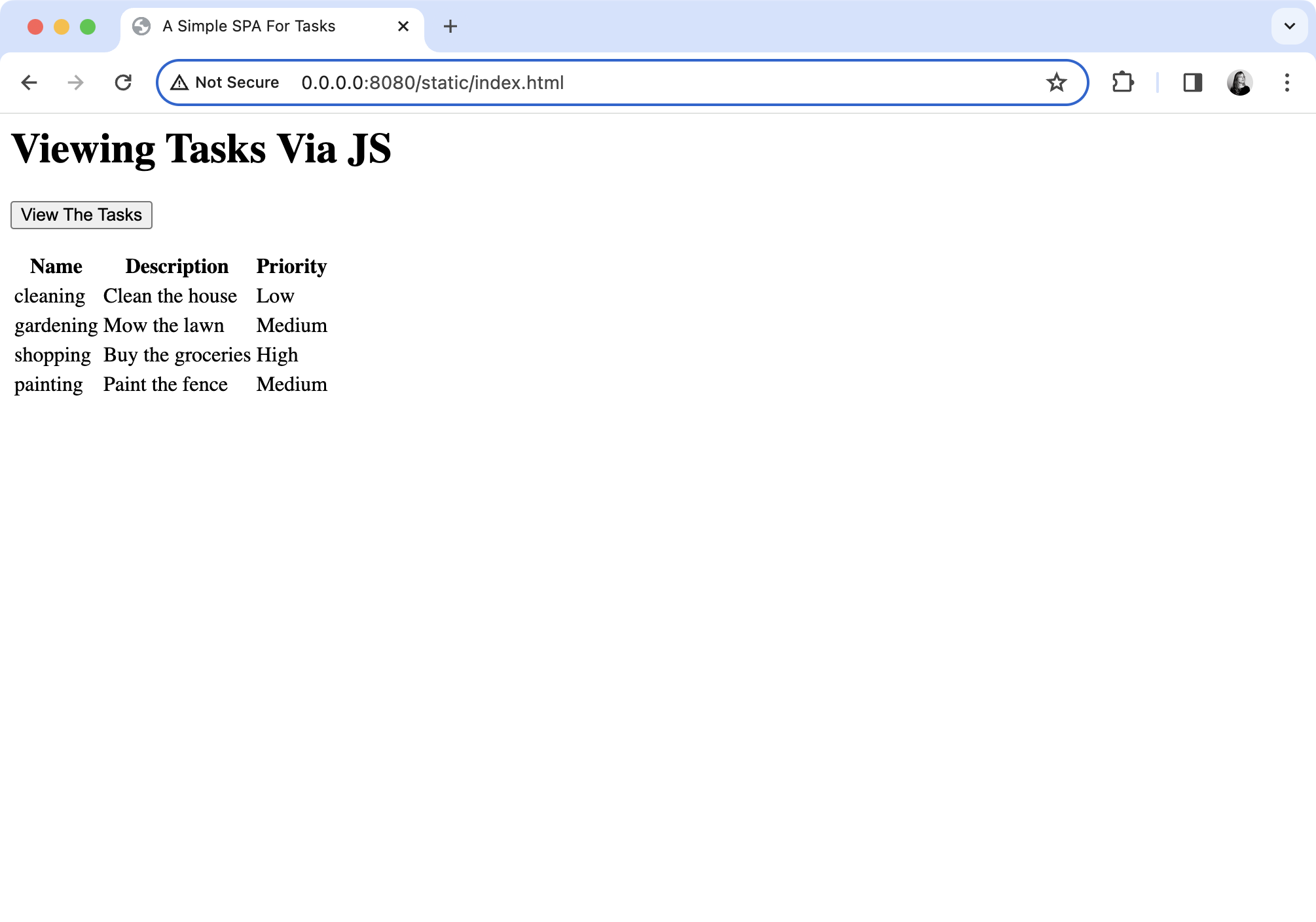 显示按钮和任务以 HTML 表格形式展示的浏览器窗口